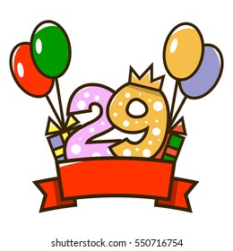 Happy birthday. Figure  with a red ribbon, gifts and colorful balloons. The design of the cards. Vector illustration isolated on white background.