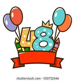 Happy birthday. Figure  with a red ribbon, gifts and colorful balloons. The design of the cards. Vector illustration isolated on white background.