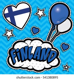 Happy Birthday FINLAND - Pop art fashion chic patches, badges, pins and stickers. Happy Independence Day .Vector Illustration with country flag.