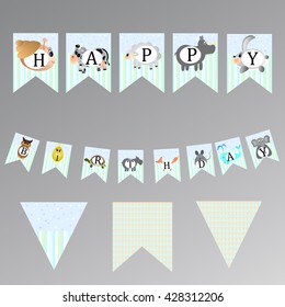 Happy birthday flags with animals. Set - vector stock.