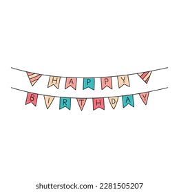 Happy birthday flags. Bday party doodles. Vector hand drawn kid hanging banner. Scribble outline illustration of festive birthday garland.