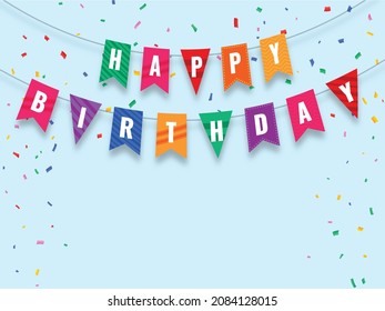 happy birthday flags confetti card.
Happy birthday banner. Birthday party flags with confetti on light blue background