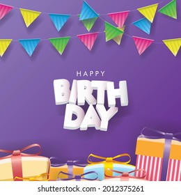 Happy Birthday with Flags and Gift boxes on Purple background. 3D sign, greeting, congratulations design