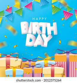 Happy Birthday with Flags and Gift boxes on Blue background. 3D sign, greeting, congratulations design