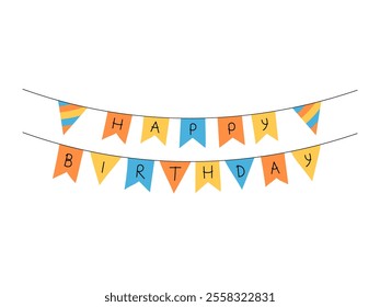 Happy birthday flags hanging banner. Bday party decoration. Vector hand drawn streamer with words. Festive birthday flag garland.