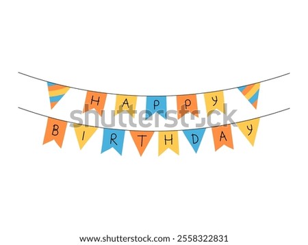 Happy birthday flags hanging banner. Bday party decoration. Vector hand drawn streamer with words. Festive birthday flag garland.