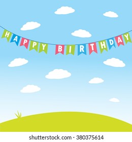 happy birthday flags on the sky with green field