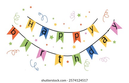 Happy Birthday flags. Party invitation with color garland.