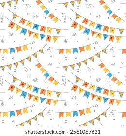 Happy Birthday flags pattern. Seamless vector background with colorful bday party decorative objects.