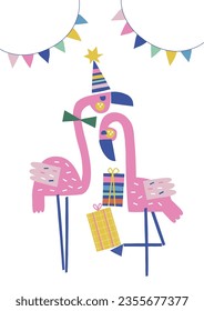  Happy Birthday flamingo animal paper shape cutouts style vector illustration. Scandinavian childish wild party pre-made print design.