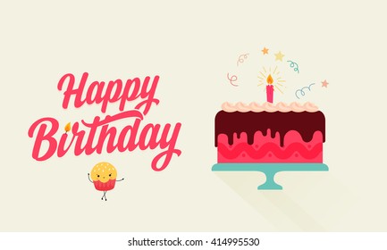 Happy Birthday - Flat birthday cake illustration with calligraphy