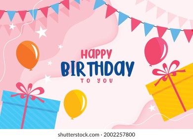 happy birthday flat card with balloons and gift boxes