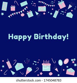 Happy birthday flat colorful greeting card with birthday cake, gift box, balloons, greeting cards, music notes for wallpapers, wrapping, textile prints, backgrounds, postcards. Set of festival icons