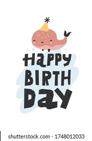 HAPPY BIRTHDAY flat greeting card template. Cute whale on the wave. Postcard. Congratulation. Party, event celebration.