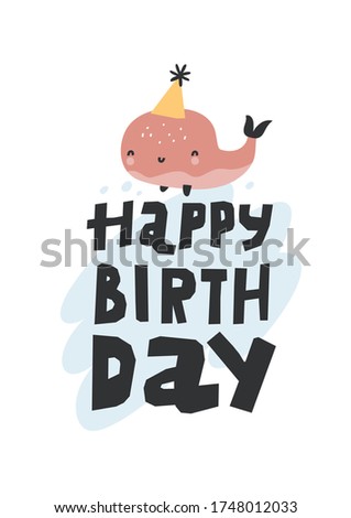 HAPPY BIRTHDAY flat greeting card template. Cute whale on the wave. Postcard. Congratulation. Party, event celebration.
