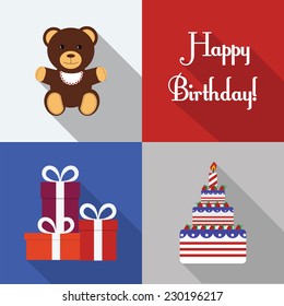 Happy Birthday  flat icon set with text, present, cake and bear toy. Vector, EPS 10