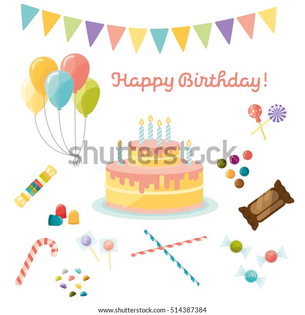 Happy Birthday Flat Icon Set Illustration Stock Vector (Royalty Free ...