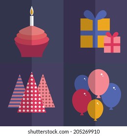 Happy birthday. flat style set. Cupcake with a candle, balloons, gift box, party hat. Blue, orange, pink, red. vector