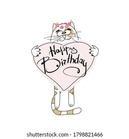 Happy birthday, flat vector in doodle style, cute white cat with flowers on his head holding a heart with lettering congratulations. Hand-drawn illustration.