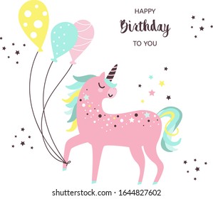 Happy birthday flat vector greeting card template with cute unicorn and air balloons. 