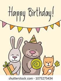 Happy birthday flat vector illustration with three friends. Cute rabbit, bear and cat on yellow background