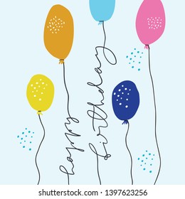 Happy Birthday flat vector illustration. Freehand one line calligraphy on balloons threads. Anniversary hand drawn postcard. Multicolor party decoration illustration. B-day celebration greeting card