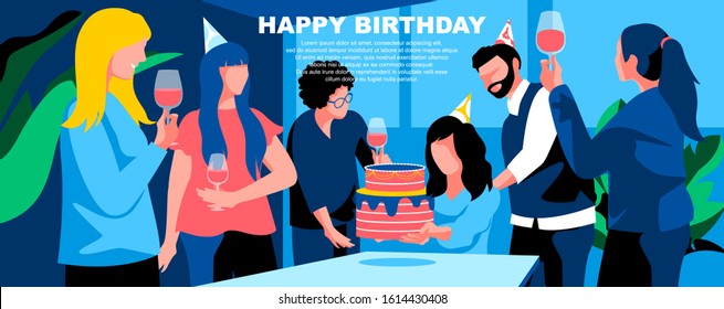 Happy Birthday Flat Vector Landing Page Template. Anniversary Festive Celebration Banner Layout With Header. Office Employee Bday Corporate Party Cartoon Illustration With Text Space