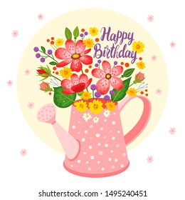 Happy birthday flat vector postcard, greeting card template. Bouquet of flowers in watering can cartoon illustration. Anniversary party, celebration invitation with floral design banner with lettering