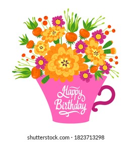 Happy birthday flat vector postcard, greeting card template. Bouquet of flowers in watering can cartoon illustration. Anniversary party, celebration invitation with floral design banner with lettering