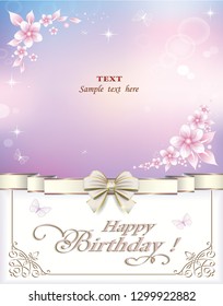 Happy Birthday, floral background with decorative ribbon and bow.Vector illustration