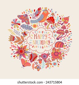 Happy Birthday Floral Frame, Vector Doodle Invitation Background