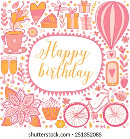 Happy birthday floral frame, vector doodle invitation background. Greeting card.