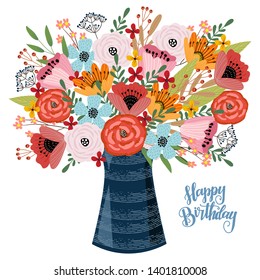 Happy birthday. Floral hand draw design concept, Vase with Flowers on a white background, vector illustration