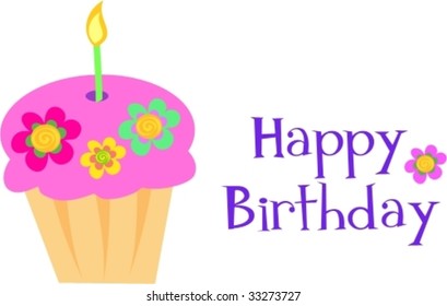Happy Birthday Flower Cupcake Vector
