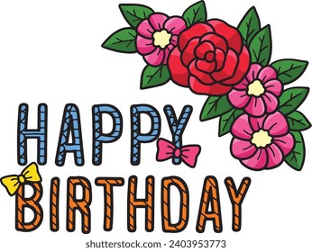 Happy Birthday with Flower Wreath Cartoon Clipart