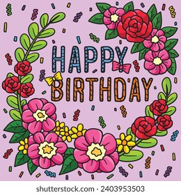 Happy Birthday with Flower Wreath Colored Cartoon