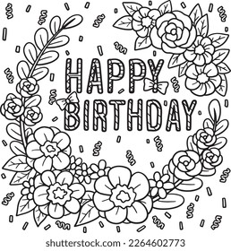 Happy Birthday with Flower Wreath Coloring Page 