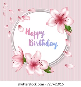 Happy Birthday flowers blossom greeting card template, round frame, calligraphic happy holiday text. Tree blossom vector illustration. Holiday border, birthday banner with cherry flowers, petals, buds