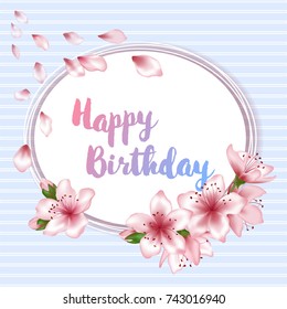 Happy Birthday flowers blossom greeting card template, round frame, calligraphic happy holiday text. Tree blossom vector illustration. Holiday border, birthday banner with cherry flowers, petals, buds
