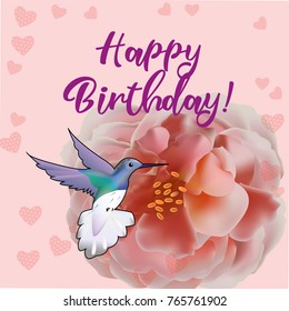 Happy Birthday flowers blossom greeting card template, calligraphic happy holiday text. Holiday border, birthday banner with roses and humming bird.