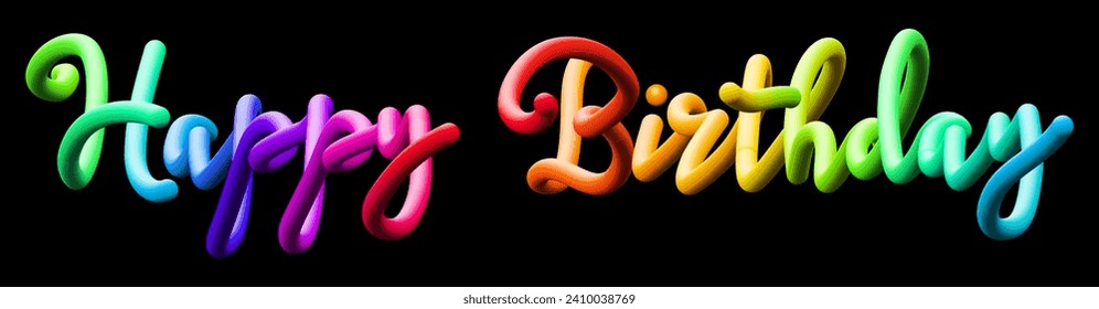 Feliz texto del fluido de cumpleaños con líneas curvas dinámicas hechas de círculos coloridos mezclados. Ilustración vectorial.