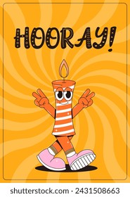 Happy birthday flyer in retro groovy style. Vintage walking character candle. Funky mascot with psychedelic smile. Vector illustration on yellow background
