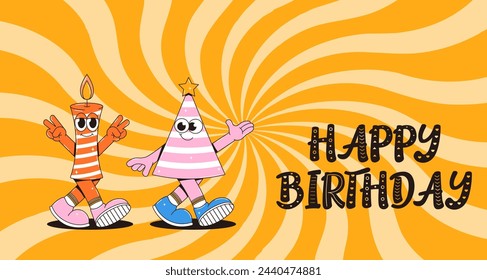 Happy birthday flyer in retro groovy style. Vintage walking character candle and party hat. Funky mascot with psychedelic smile. Vector illustration
