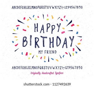 Happy Birthday font. Original handmade alphabet. Vintage font design and poster. Custom typeface. Clean & Textured Versions Included. Vector.