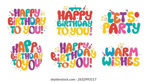 Happy birthday font text colorful clipart set. Birthday greeting and wishes typography in multicolored calligraphy graphic element clip art collection vector illustration. 
