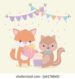happy birthday fox squirrel gift cupcake bunting flags celebration decoration card vector illustration