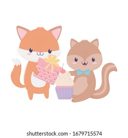 happy birthday fox squirrel gift cupcake bunting flags celebration decoration card vector illustration