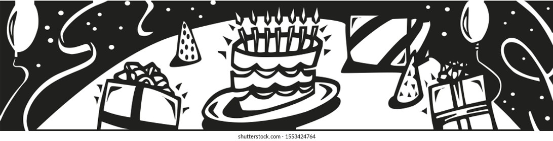 Happy birthday frame black and white cake party celebration