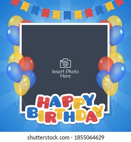 Happy birthday frame with colorful balloons and flags