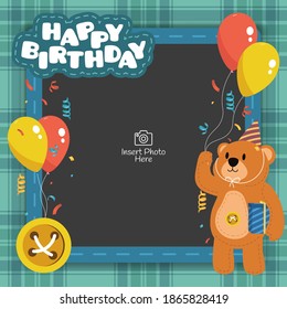 Happy birthday frame with cute bear character holding balloons illustration